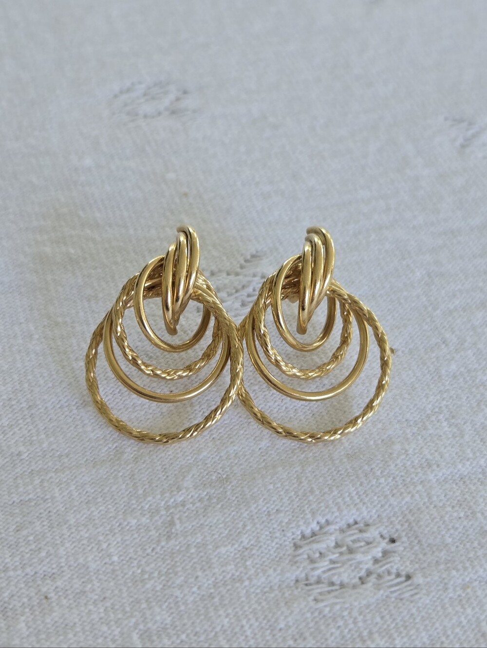 Vintage 14k Yellow Gold Multi Hoop Drop Earrings Abstract